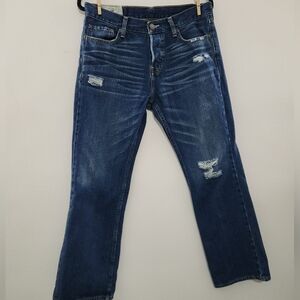 Hollister Men's Bootcut Jeans in Distressed Indigo